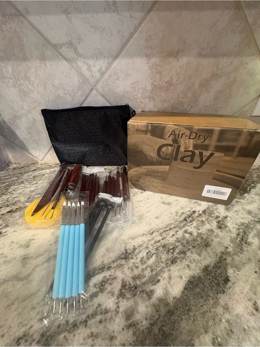 Wood Handle Clay Sculpting Tool Set with Blue Detail Brushes - Home Kitchen